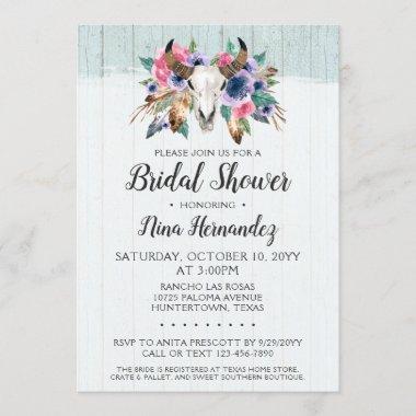 Rustic Floral Cow Skull Bridal Shower Invitations