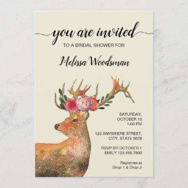 Rustic Floral Deer | Creamy White Bridal Shower Invitations