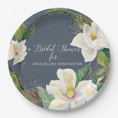 Rustic Floral Foliage Dusty Navy White Watercolor Paper Plates