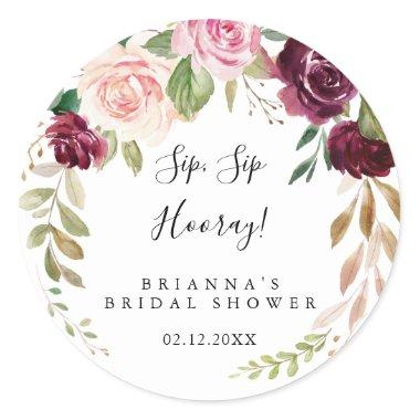 Rustic Floral Foliage Sip Sip Hooray Bridal Shower Classic Round Sticker