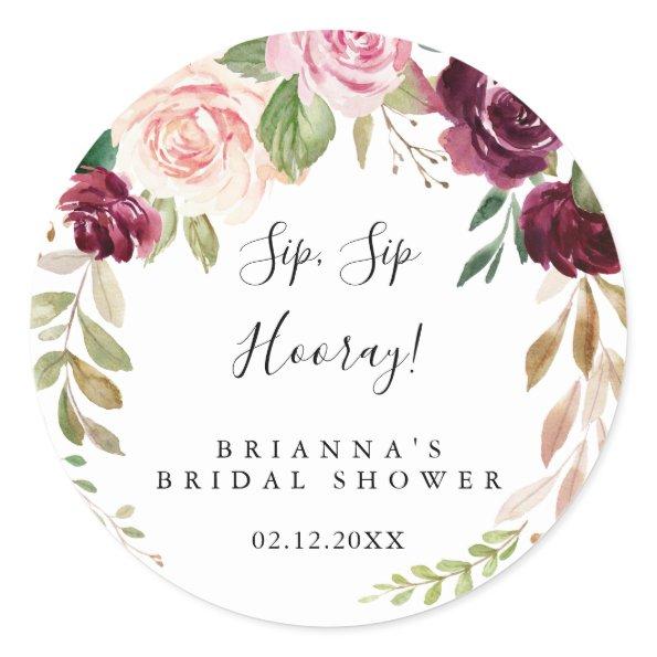 Rustic Floral Foliage Sip Sip Hooray Bridal Shower Classic Round Sticker