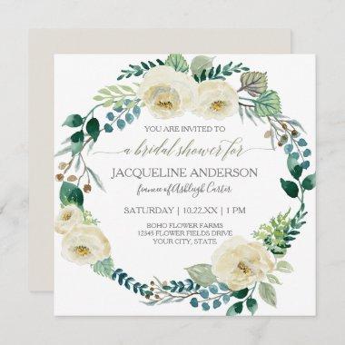 Rustic Floral Ivory Rose Foliage Bridal Shower Invitations