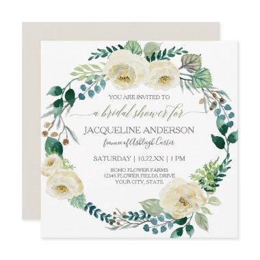 Rustic Floral Ivory Rose Foliage Bridal Shower Invitations