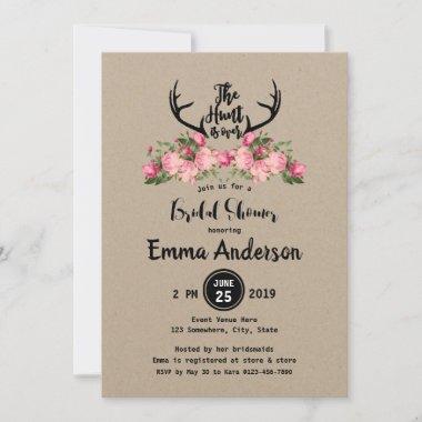 Rustic Floral Kraft Hunt is Over Bridal Shower Invitations