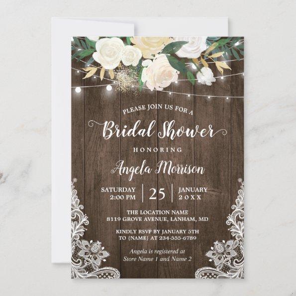Rustic Floral Lace String Lights Bridal Shower Invitations