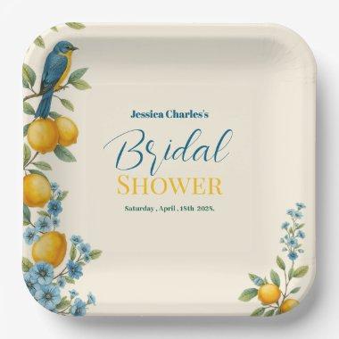 Rustic floral lemon & bluebird  paper plates