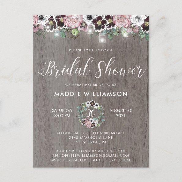 Rustic Floral Lights Wood Bridal Shower Invitation PostInvitations