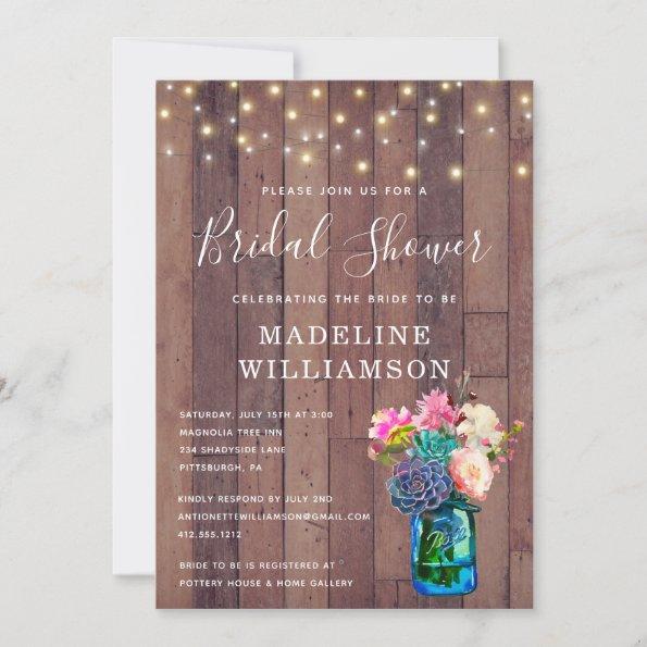 Rustic Floral Mason Jar & Lights Bridal Shower Invitations