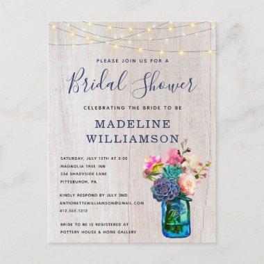 Rustic Floral Mason Jar & Lights Bridal Shower PostInvitations