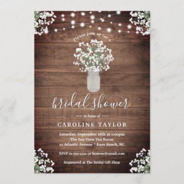 Rustic Floral Mason Jar String Light Bridal Shower Invitations