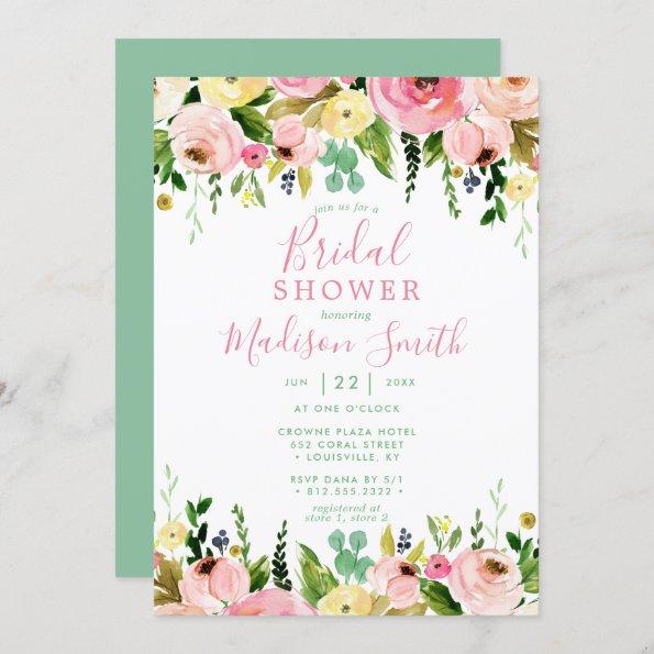 Rustic Floral Mint Green Watercolor Bridal Shower Invitations