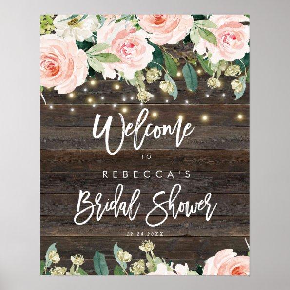 rustic floral roses bridal shower welcome sign
