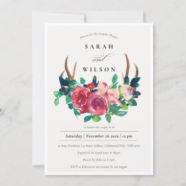 Rustic Floral Stag Antlers Couples Shower Invite