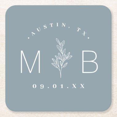 Rustic Floral Stem Wedding Monogram | Dusty Blue Square Paper Coaster