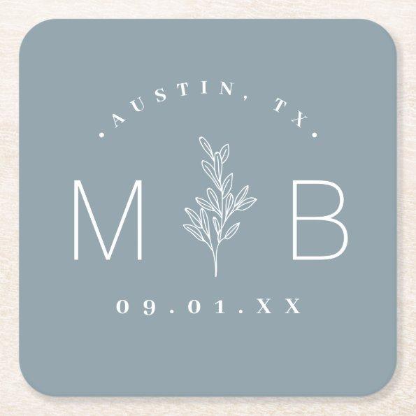 Rustic Floral Stem Wedding Monogram | Dusty Blue Square Paper Coaster