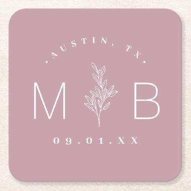 Rustic Floral Stem Wedding Monogram | Mauve Square Paper Coaster