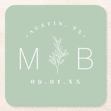 Rustic Floral Stem Wedding Monogram | Sage Square Paper Coaster