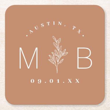 Rustic Floral Stem Wedding Monogram | Terra Cotta Square Paper Coaster