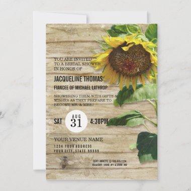 Rustic Floral Sunflower Wood Bees Bridal Shower Invitations