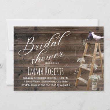 Rustic Floral Wood Ladder Lovebirds Bridal Shower Invitations