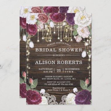 Rustic Floral Wood String lights Bridal Shower Invitations