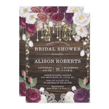 Rustic Floral Wood String lights Bridal Shower Invitations