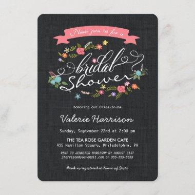 Rustic Floral Wreath Black Burlap Bridal Shower Invitations
