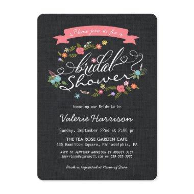 Rustic Floral Wreath Black Burlap Bridal Shower Invitations