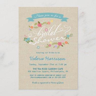 Rustic Floral Wreath Burlap Bridal Shower Invites