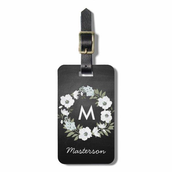 Rustic Floral Wreath Monogram Black and White Luggage Tag