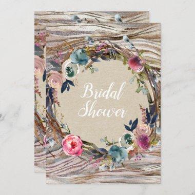 Rustic Floral Wreath Wood Grain Bridal Shower Invitations