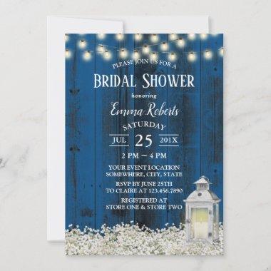Rustic Flowers & Lantern Blue Barn Bridal Shower Invitations