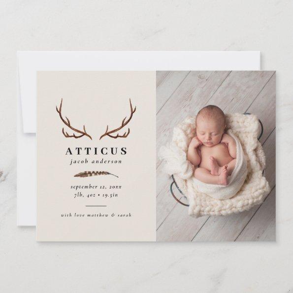 Rustic foliage, floral and stag birth announcement