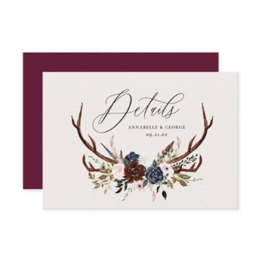 Rustic foliage, floral and stag wedding details save the date