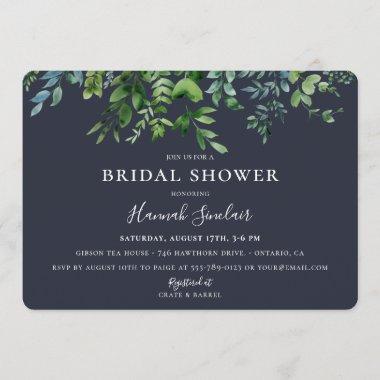 Rustic Forest Foliage Navy Blue Bridal Shower Invitations