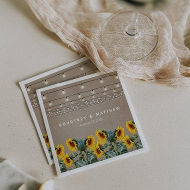 Rustic Garden Sunflowers and String Lights Wedding Paper Napkins