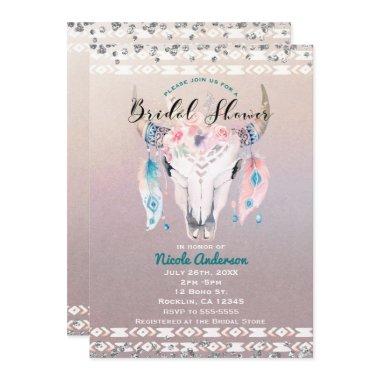 Rustic Glam Boho Floral Cow Skull Bridal Shower Invitations