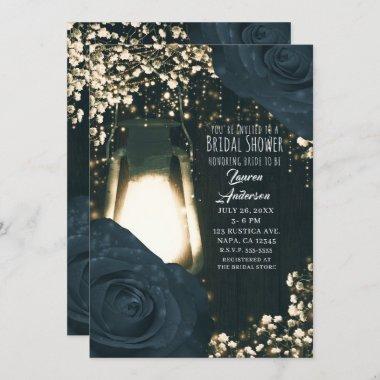 Rustic Glow Lantern Blue Black Roses Bridal Shower Invitations