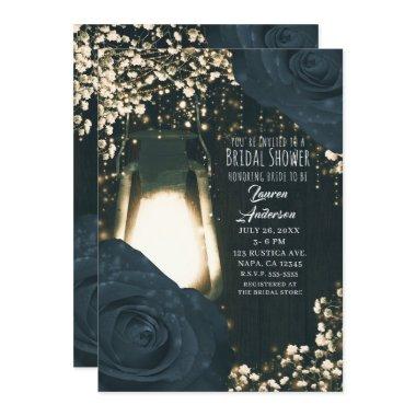 Rustic Glow Lantern Blue Black Roses Bridal Shower Invitations