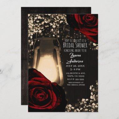 Rustic Glow Lantern & Dark Red Roses Bridal Shower Invitations