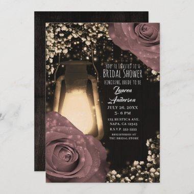 Rustic Glow Lantern Dusty Pink Roses Bridal Shower Invitations