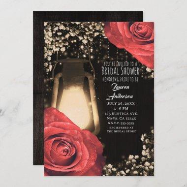 Rustic Glow Lantern & Red Roses Bridal Shower Invitations