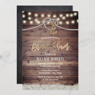 Rustic Gold Anchor & Rope FLoral Bridal Shower Invitations