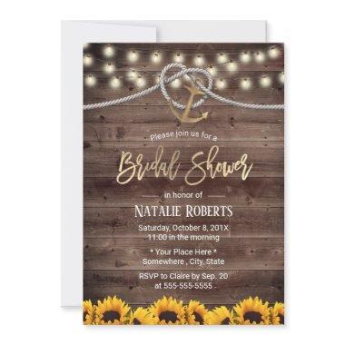 Rustic Gold Anchor & Rope Sunflowers Bridal Shower Invitations