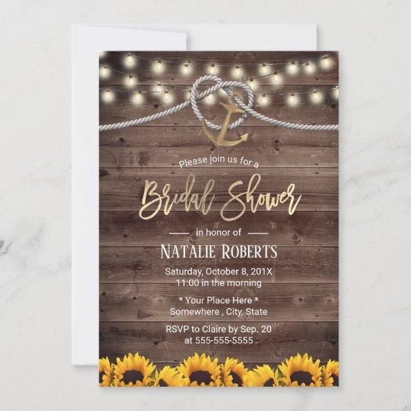 Rustic Gold Anchor & Rope Sunflowers Bridal Shower Invitations