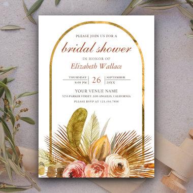 Rustic Gold Earthy Floral Arch Boho Bridal Shower Invitations