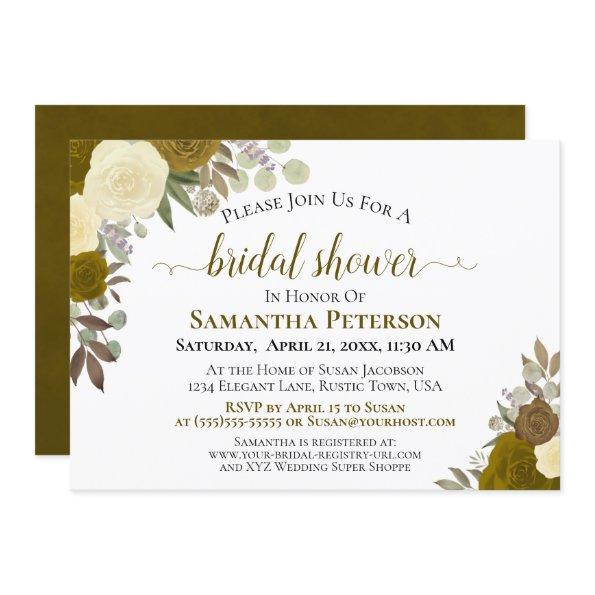 Rustic Gold Watercolor Floral Chic Bridal Shower Invitations