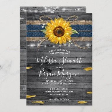 Rustic Gray Wood Navy Blue Lace Sunflower Wedding Invitations