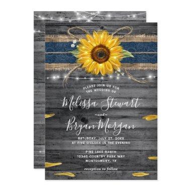 Rustic Gray Wood Navy Blue Lace Sunflower Wedding Invitations