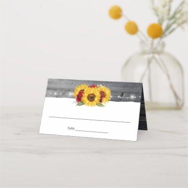 Rustic Gray Wood Watercolor Rose Sunflower Wedding Place Invitations